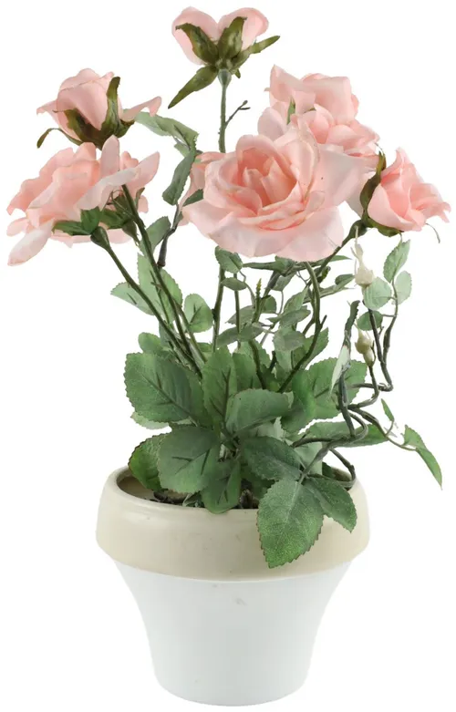 Artificial Pink Rose Plant In White Ceramic Pot