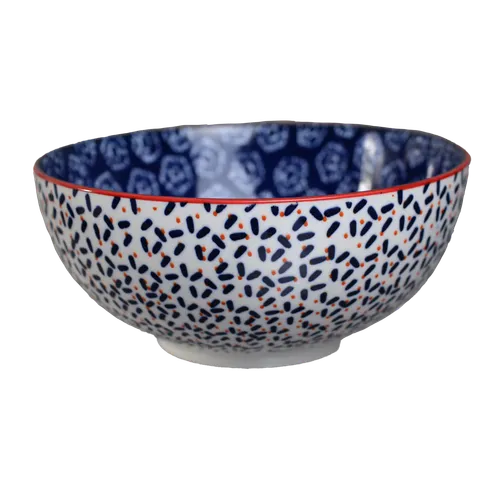 Blue Patterned Serving Bowl With Shiraz Red Rim