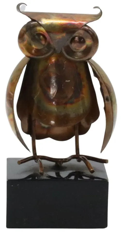 Brutalist Hammered Copper Owl On Black Base