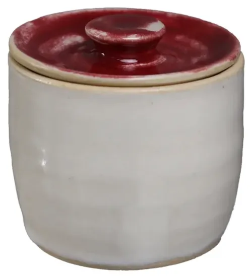 Off White Dipped Ceramic Storage Jar With Ruby Red Lid