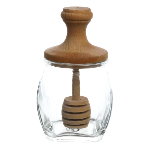 Clear Glass Honey Pot With Integrated Wooden Lid / Dipper Stick