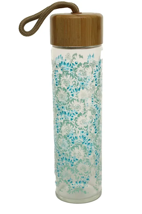 Seafoam Painted Flowers On Clear Glass Water Bottle