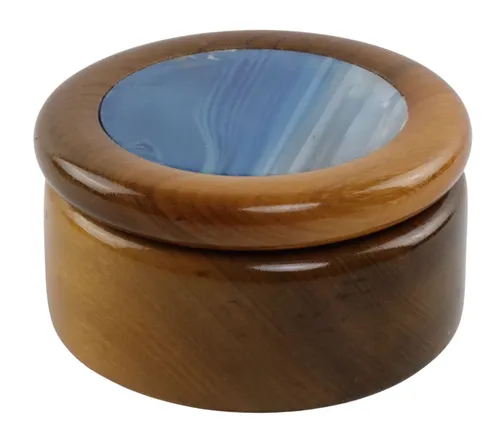 Round Wood Box With Blue Agate Stone Lid