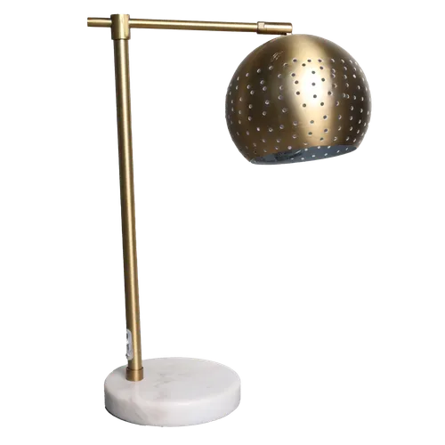 Brushed Brass Fixed Arm Table Lamp With White Quartz Base