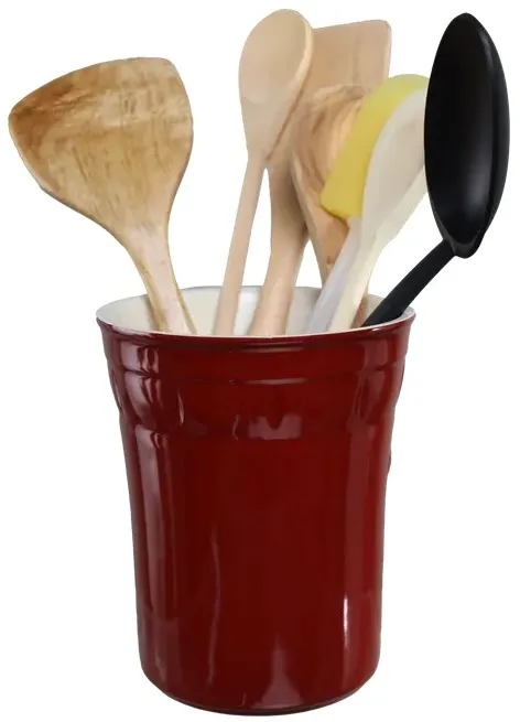 Crimson Red Ceramic Utensil Holder With 7 Utensils