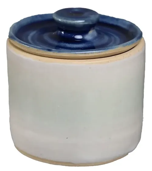 Off White Dipped Ceramic Storage Jar With Cobalt Blue Lid