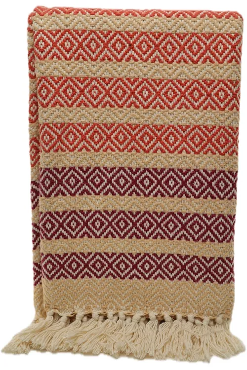 Burgundy & Orange & Taupe Throw Blanket With Diamond Stripe Pattern & Fringe Trim