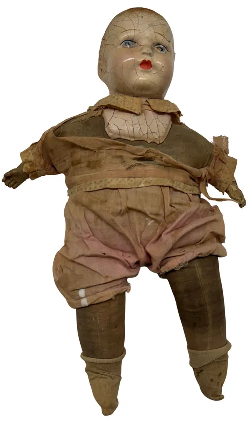 Antique Composition Doll With Tattered Outfit