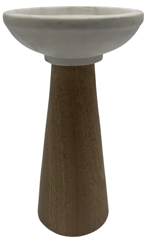 Tapered Wood & White Marble Candle Holder - Large