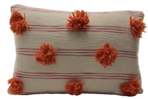 Cream With Pink Stripes & Orange Pom Poms Throw Pillow