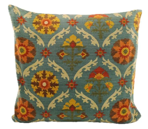 Turquoise With Orange & Red Floral Tile Print Throw Pillow