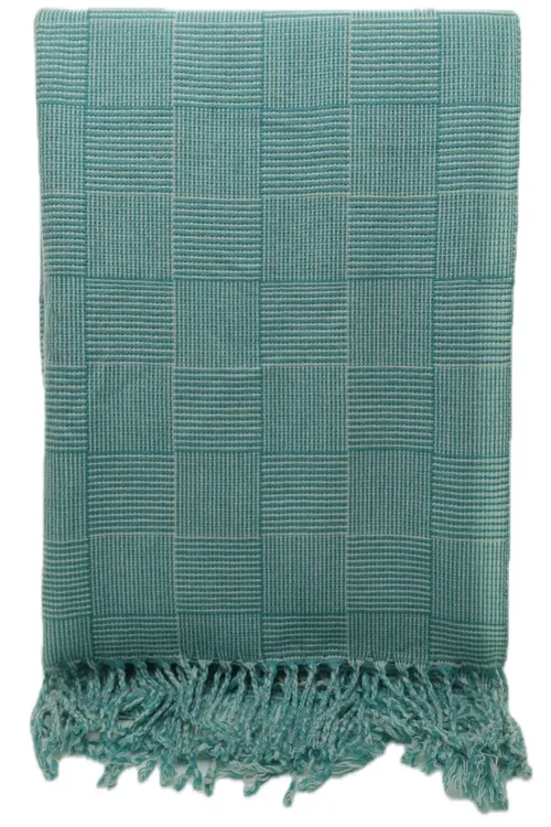 Turquoise & White Lined Checks Throw Blanket With Braided Trim