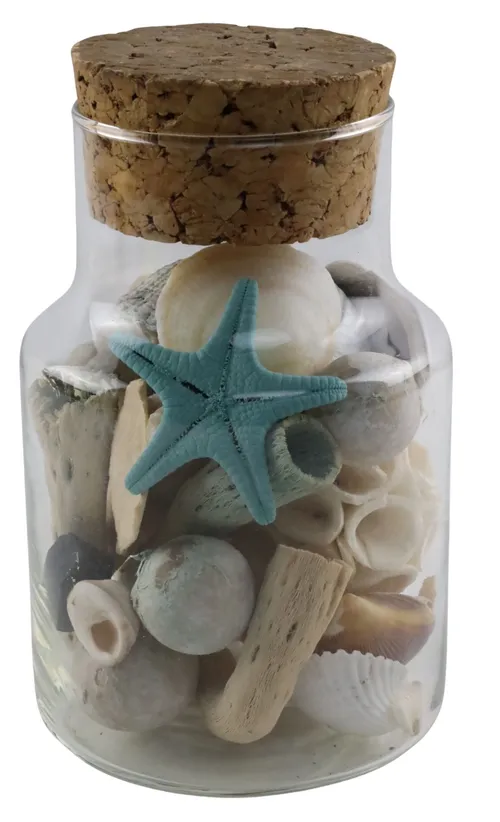 Clear Glass Container With Cork Lid Containing Seashells