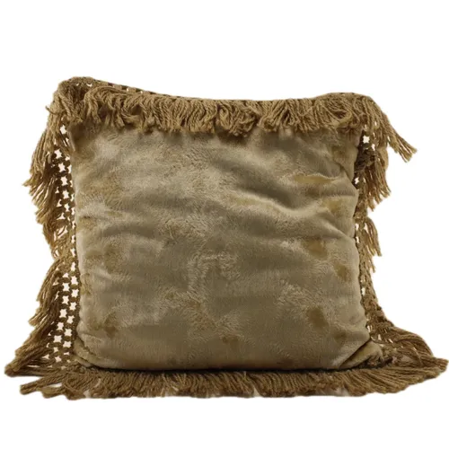 Beige Velvet With Hemp Fringe Throw Pillow