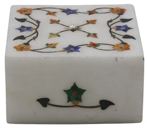White Marble With Floral Inlay Box With Lid