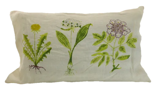 Cream Linen With Three Rooted Herbs Print Throw Pillow