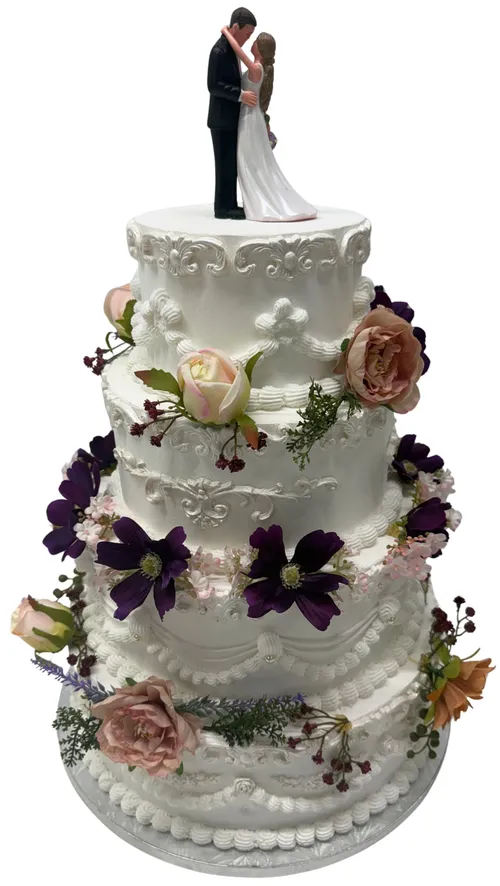 Artificial White 4 Tier Wedding Cake With Flowers