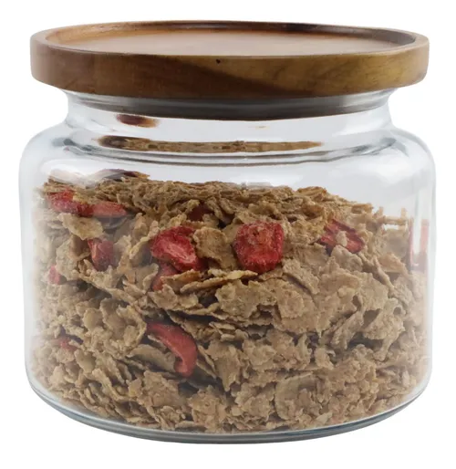 Clear Glass Canister With Wood Lid Containing Cereal