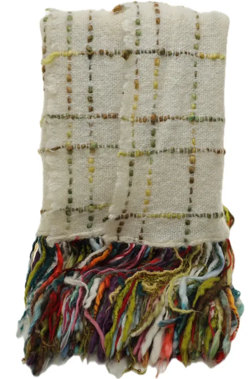 Cream Brushed Wool With Sage & Taupe Dot Checked Throw Blanket With Multicolour Fringe