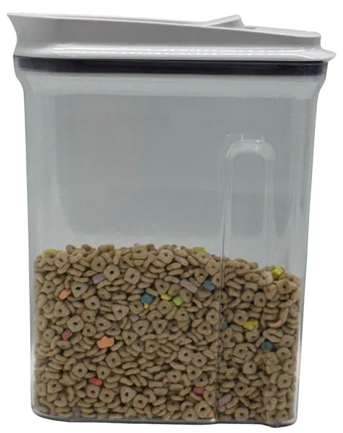 Clear Plastic Container With White Lid Containing Cereal With Marshmallows