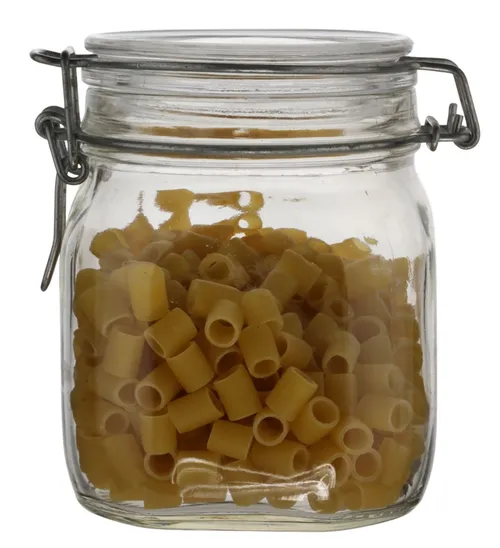 Clear Glass Canister With Hinged Lid With Pasta Noodles