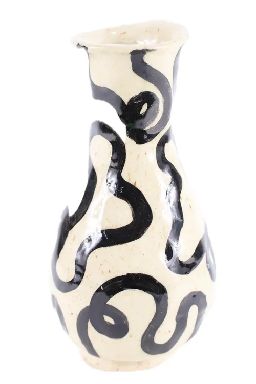 Black Snake Lines On Oatmeal Glazed Ceramic Vase