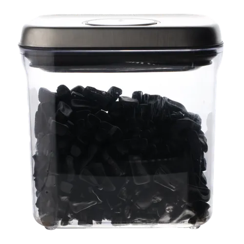 Clear Rectangular  Pop Top Storage Container With Brushed Metal Lid Containing Black Liquorice