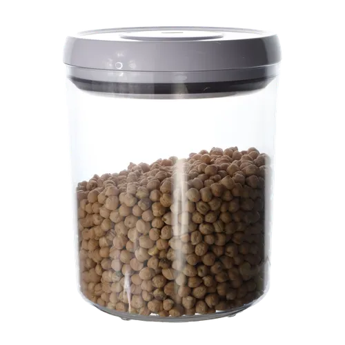 Clear Round Pop Top Storage Container With White Lid Containing Chickpea