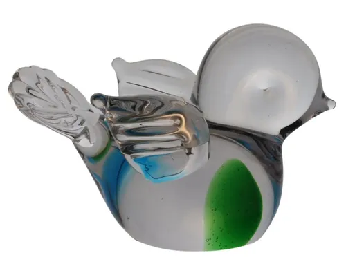 Blown Glass Bird Paperweight With Green & Blue