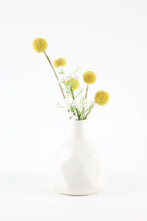 Artificial Yellow Globe Chamomile & Baby Breath In White Geometric Vase 