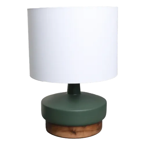 Moss Green Ceramic Table Lamp With Wood Base & White Shade