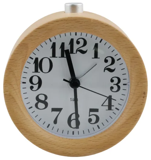 Round Wood Alarm Clock With Top Silver Button