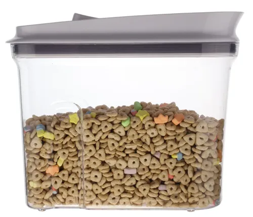Clear Plastic Container With White Lid Containing Cereal