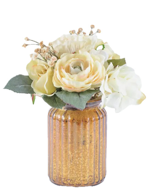 Artificial Yellow Cream Florals In Bronzed Glass Vase