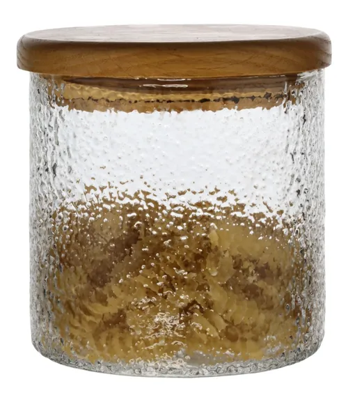 Clear Dimpled Glass Canister With Wood Lid Containing Pasta