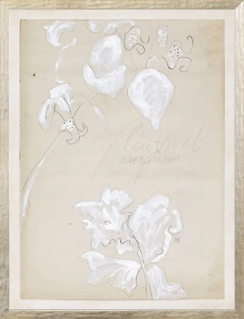 White Flower Drawings On Paper With Wood Frame