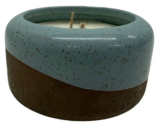 Blue Speckled & Brown Ceramic Candle