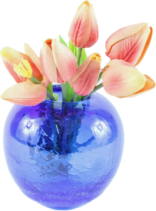 Artificial Peach Tulip Buds In Blue Glass Vase