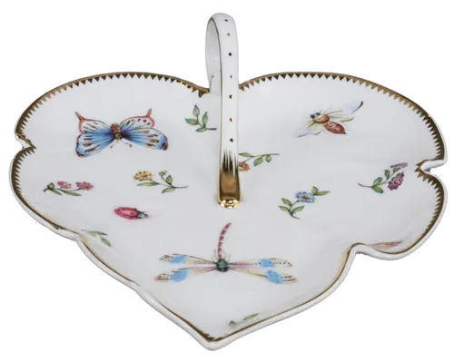 Fine Porcelain Insect Shell Serving Platter With Gold Trim & Handle
