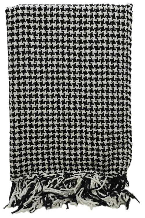 Black & White Chenille Hounds Tooth Throw Blanket With Fringe Trim