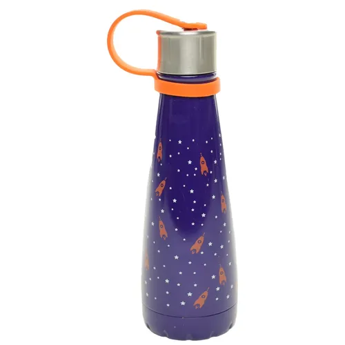 Blue Metal Water Bottle With Orange Rocketships