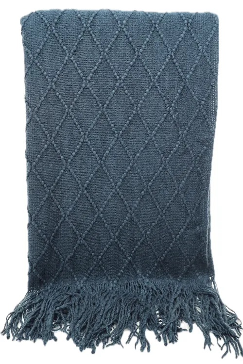 Navy Blue Raised Dot Diamond Pattern Throw Blanket With Fringe Trim