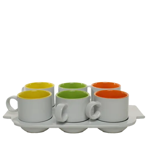 White Ceramic Mug Tray With Six White Mugs