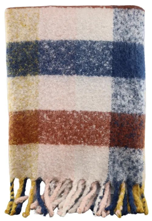 Blue & Brown & Yellow Plaid Throw Blanket With Fringe