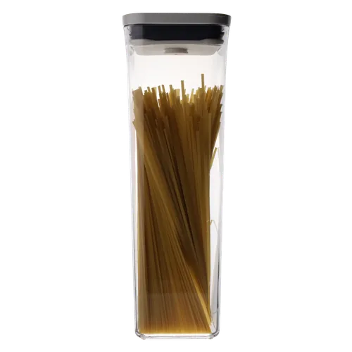 Clear Rectangular Pop Top Low Profile Storage Container With White Lid Containing Spaghetti Noodles