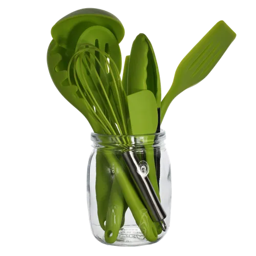 Glass Jar Utensil Holder With 10 Chartreuse Green Utensils