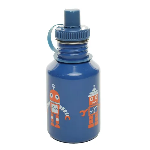 Blue Metal Water Bottle With Orange Robots
