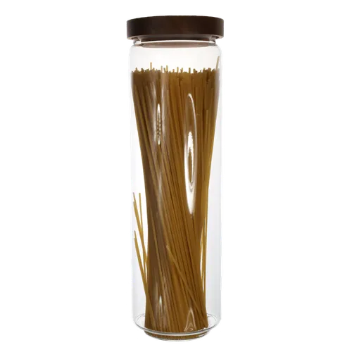 Clear Glass Canister With Walnut Lid Containing Spaghetti Pasta