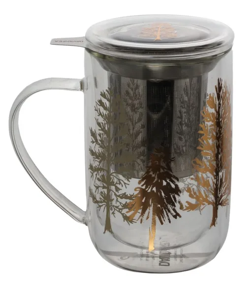 Clear Glass Mug With Gold Trees & Tea Strainer