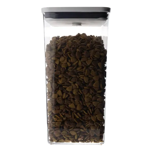 Clear Square Pop Top Low Profile Storage Container With White Lid Containing Dog Food